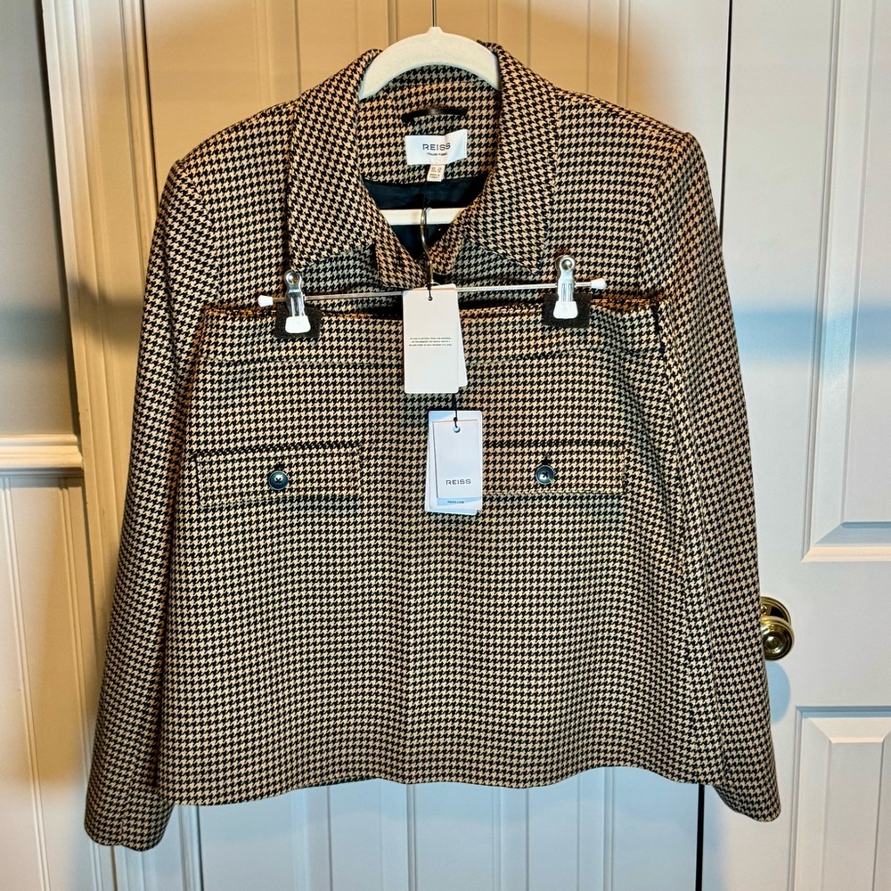 Reiss Houndstooth Blazer in Black and Cream With A Skirt
